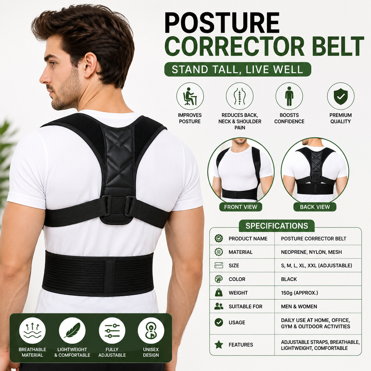 Back Pain Relief Posture Corrector Belt | Adjustable Support for Spine, Shoulder & Lumbar Alignment
